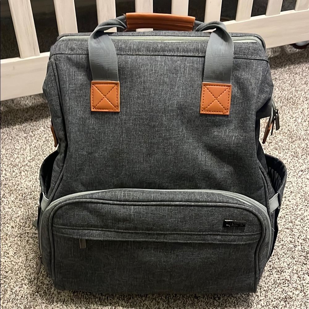 Gray diaper/pump Backpack with Tan Accents